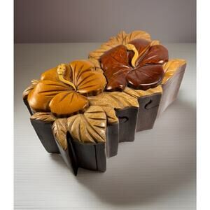 Island Wood Treasures Hawaii Wood Puzzle Trinket Box Hibiscus Flower Hand Craft